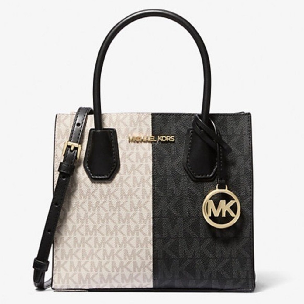 NWT Michael Kors‎ Mercer Colorblock Logo Print Satchel Crossbody Bag Black White